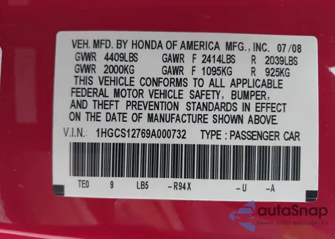 2009 Honda Accord 2.4 Ex z USA, uszkodzony, nr VIN 1HGCS12769A000732